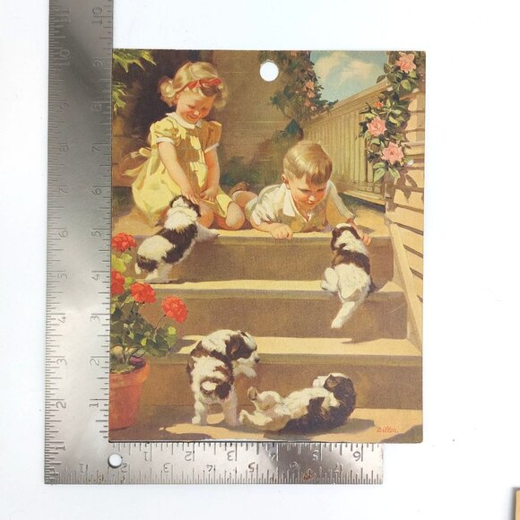Vintage Jewel Tea Co Receipt Card 1940s Puppies Children by Dillon 7.5" x 9.5" - Picture 3 of 4